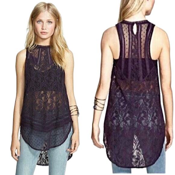 Free People Modern Mesh Maisie Purple Mock Neck Tunic Relaxed Fit Size XS - Picture 1 of 7